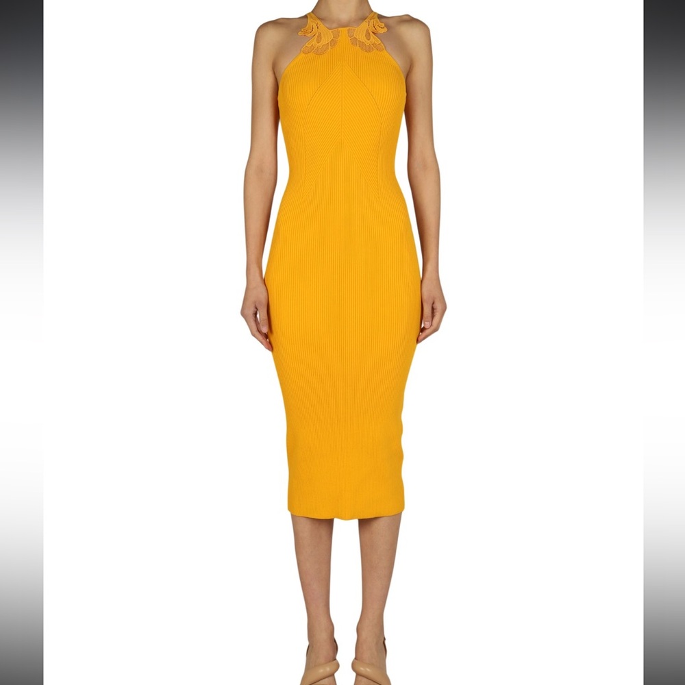 Self-Portrait Canary Yellow Ribbed Knit Bodycon Midi Dress With Lace Size Small - Picture 12 of 14